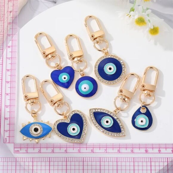 Water Drop Heart Evil Eye Keychain Keyring NWT Zinc Alloy Rhinestone - Picture 3 of 6